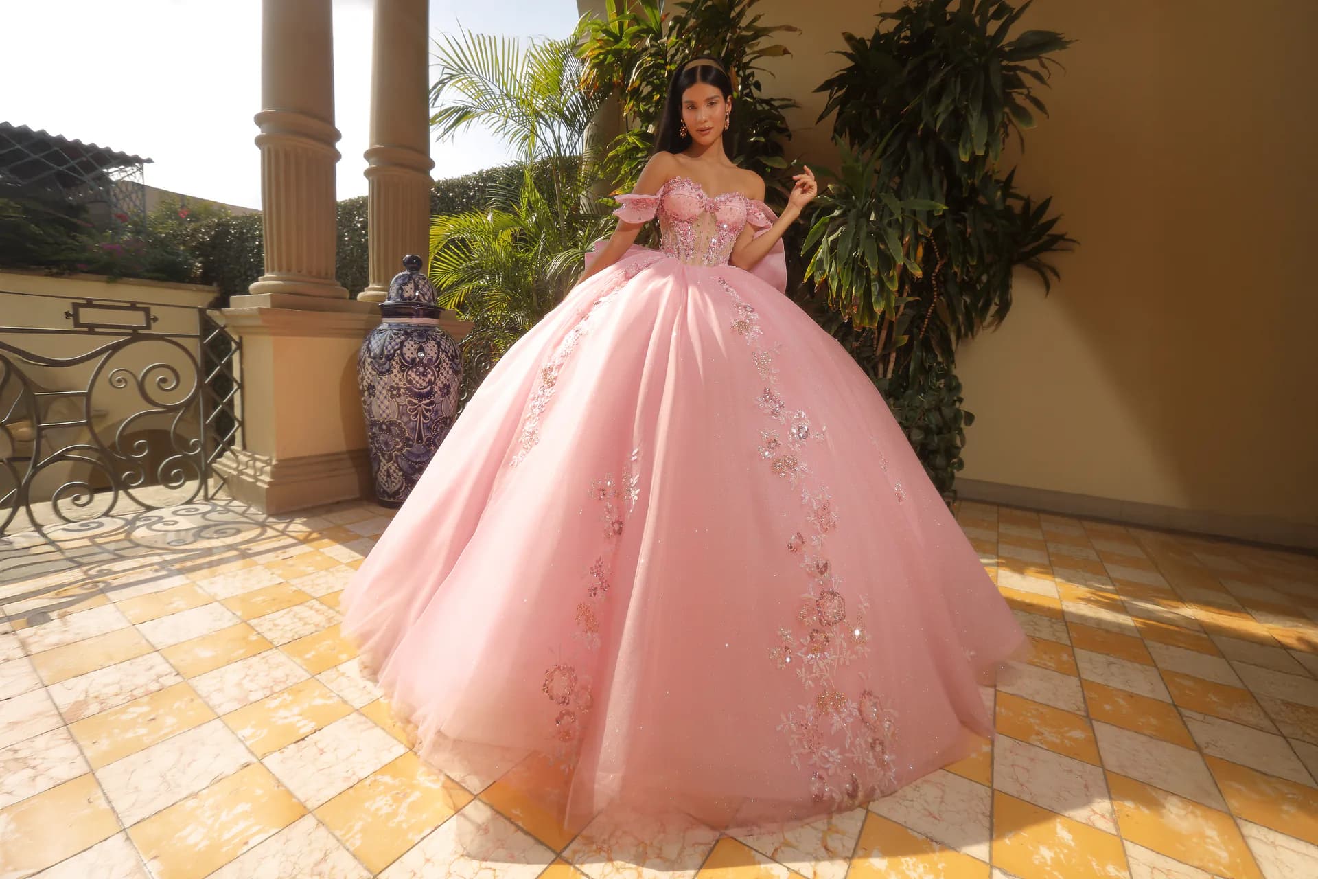 Reina's Tradición — quinceañera en vestido de gala, ambiente elegante.