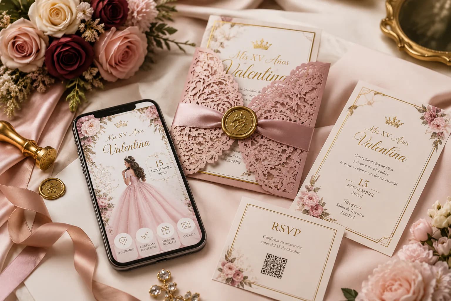 Invitación digital en celular — diseño premium Reina's Tradición